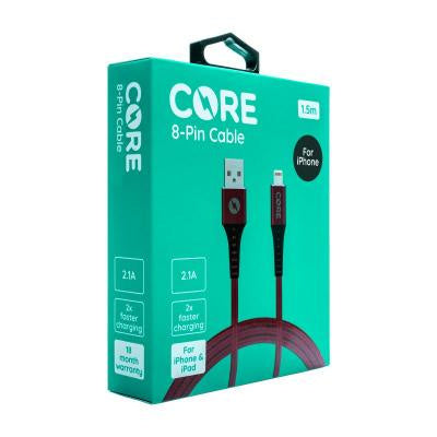 CORE 1.5M Braided 8-Pin Cable 2.1A Red (NEW)